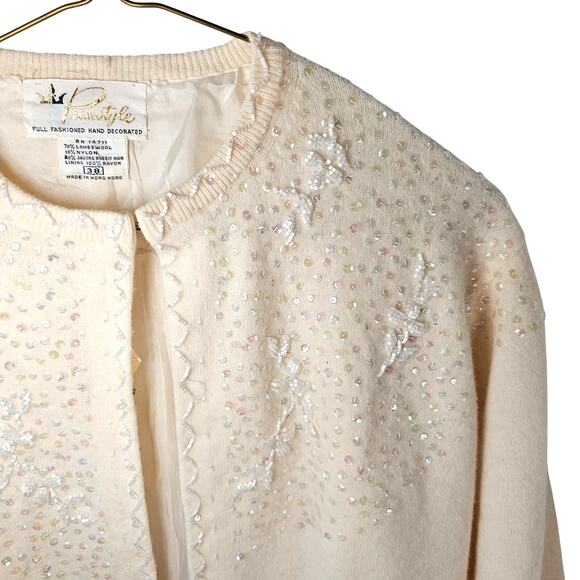 Vintage Beaded Cardigan Sweater Primstyle 38 Cream Angora Wool Sequin Hong Kong - Picture 6 of 16